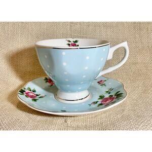 BTaT Brew to a Tea light blue polka dot rose floral tea coffee cup and saucer
